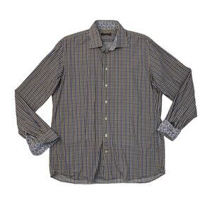 Lipson Shirt Mens L Large Brown Blue Gingham Plaid Long Sleeve Flip Cuff Cotton